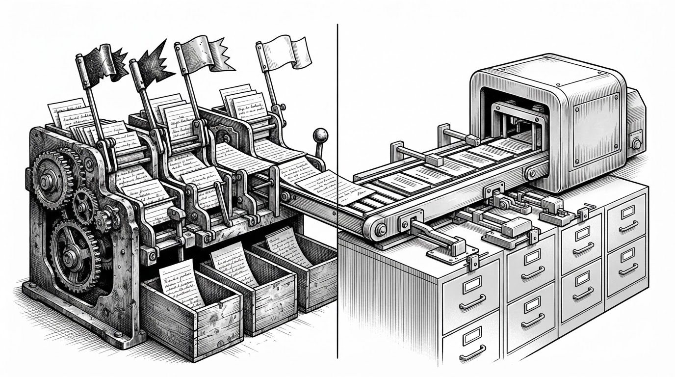 A split mechanical workstation on a white background. On one side, feedback cards pass through a simple rule-based sorting machine with gauges and labeled bins. On the other, the same stream is stamped into orderly filing drawers by a more precise inspection rig. It explains that the app uses a fallback AI path and an upgraded structured path.