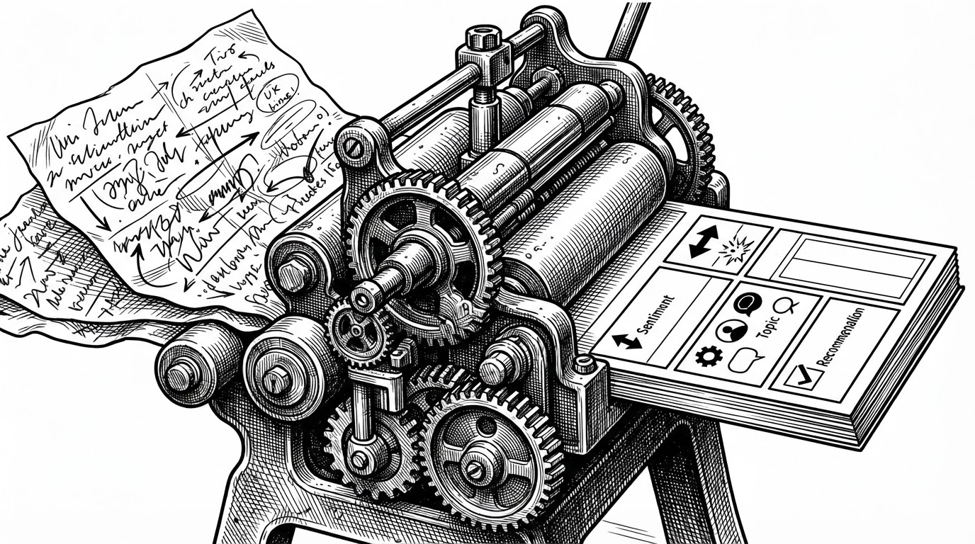 A close-up of a metal inspection press stamping tidy labels onto aligned filing cards. One card is entering as loose text, while the other emerges as a structured record with clean fields. It explains how the app forces Gemini output into database-shaped JSON.
