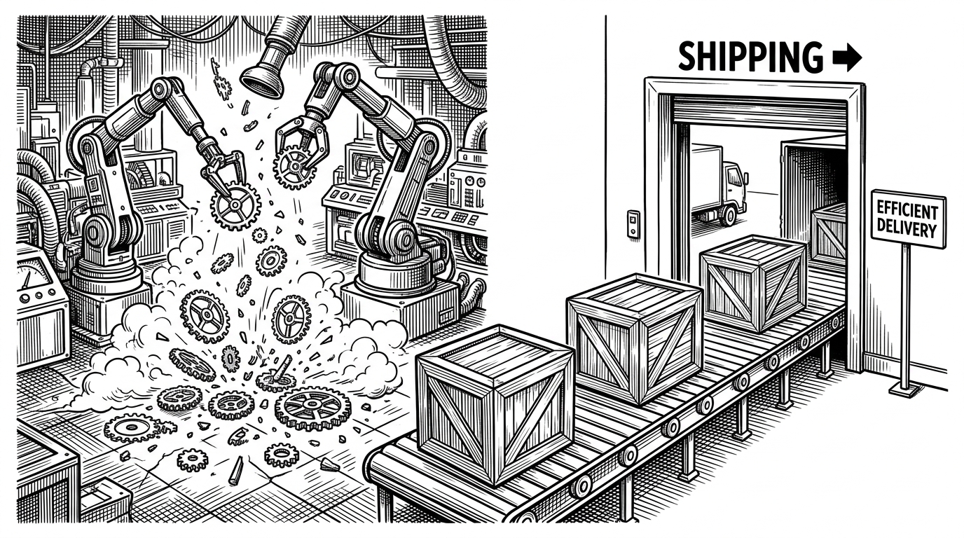 A split illustration. Left: a chaotic factory floor where robotic arms are dropping and breaking delicate clockwork gears (ESM Bundling). Right: a simple conveyor belt delivering heavy fully sealed wooden crates directly to a loading dock (AMD Copy).
