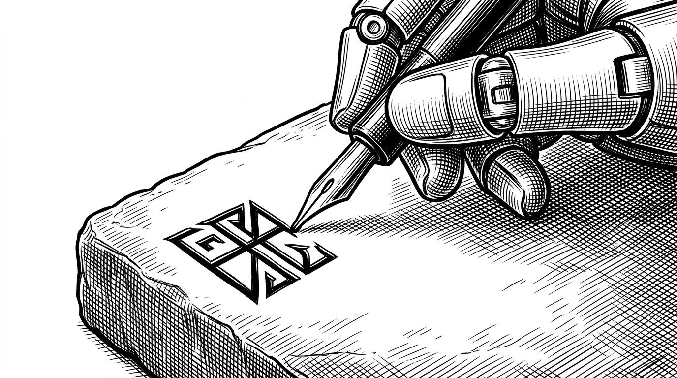 A close-up view of a mechanical arm holding a fine-tipped calligraphy pen, carefully applying ink to a single glowing geometric symbol carved into a heavy stone tablet.