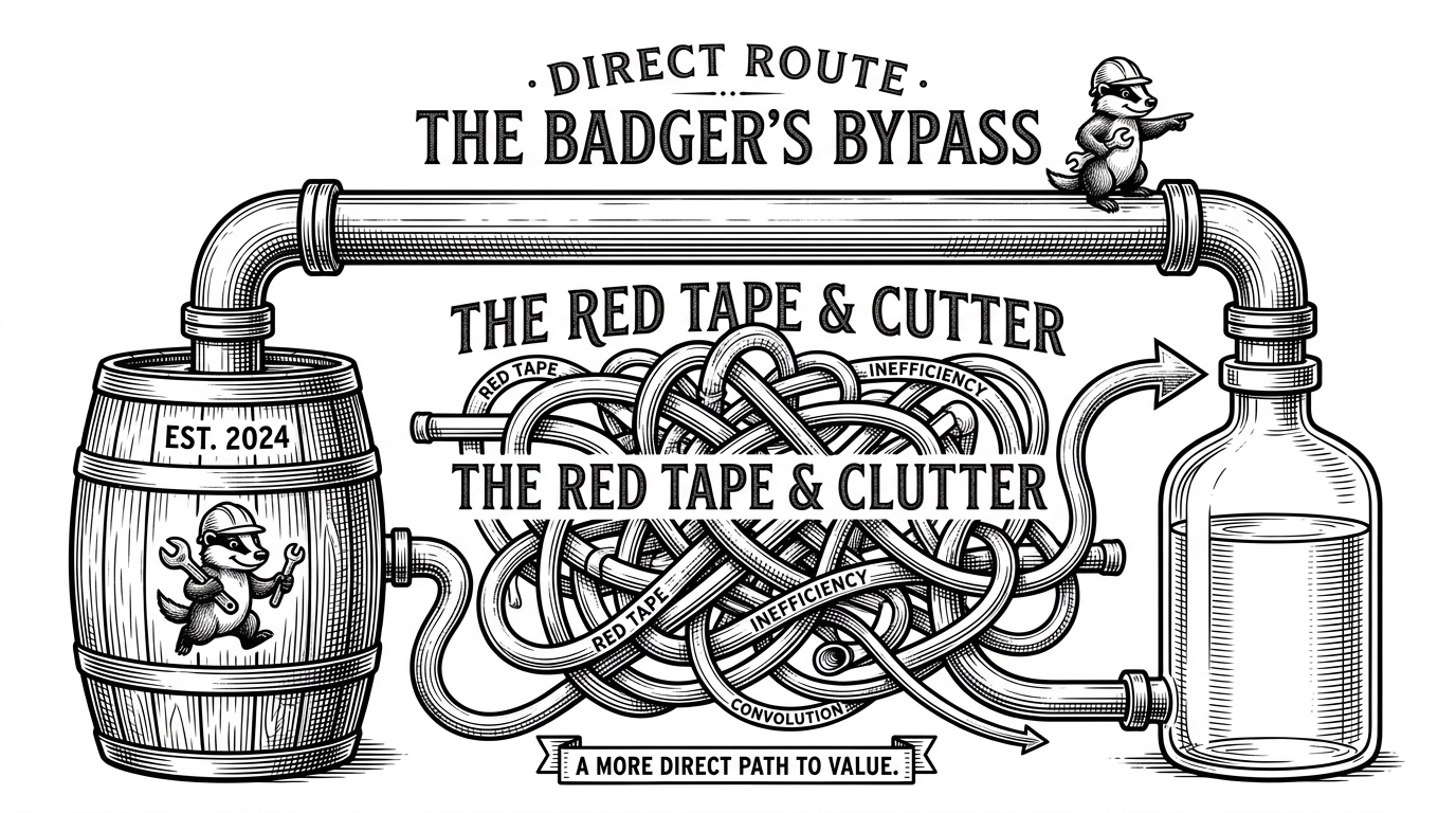 A massive tangled knot of modern industrial piping completely bypassed by a single thick straight iron pipe. This represents the project bypassing complex ESM bundlers with a direct AMD script injection.