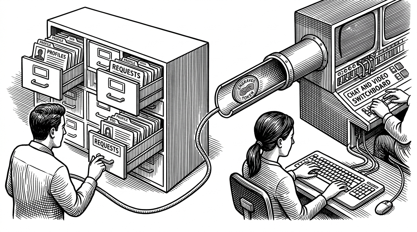 A wide black-ink illustration of a language exchange marketplace split from a live communication relay. On one side are profile cards and friend requests arranged like files in a cabinet, while the other side shows a token flowing into a chat and video switchboard. It explains that Vaarta keeps identity and matching local, then hands real-time communication to a specialized service.