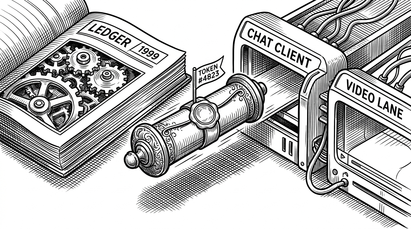 A close editorial illustration of a sealed token sliding from a backend ledger into a chat client and video lane. The scene shows the token arriving before the chat and call systems light up. It explains how Vaarta gates Stream initialization behind backend-issued access rather than starting the live layer first.