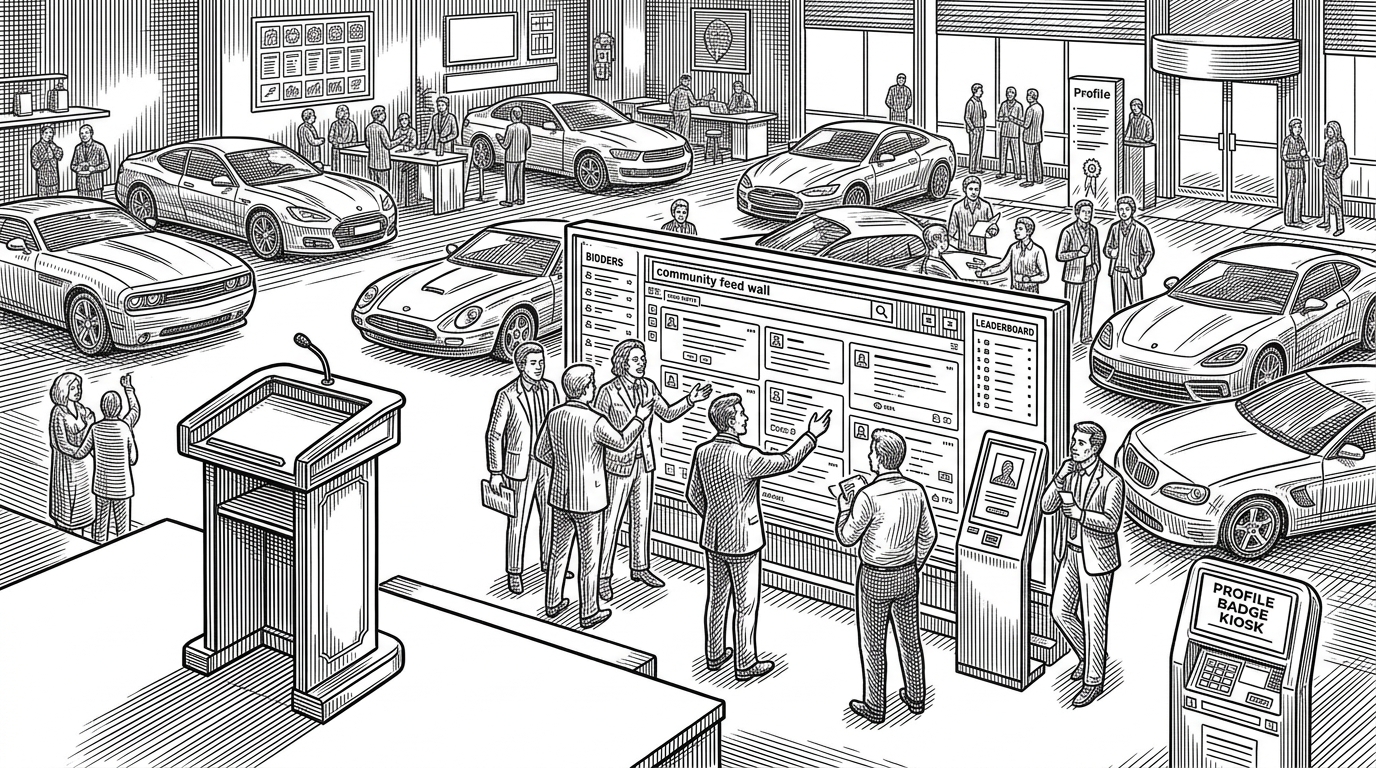 A wide editorial scene shows a glossy car auction floor transformed into a clubhouse, with a podium, a community feed wall, a leaderboard board, and a badge kiosk sharing the same space. The image explains that the app treats reputation and participation as part of the transaction, not decoration around it.