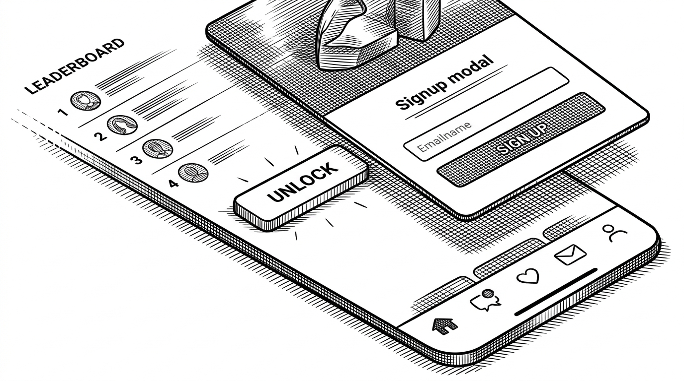 A close-up editorial scene shows a layered interface machine with a signup modal floating above a page, a partially revealed leaderboard, and a mobile bottom nav anchored below. The image explains how the app uses progressive disclosure and persistent navigation to turn attention into engagement.