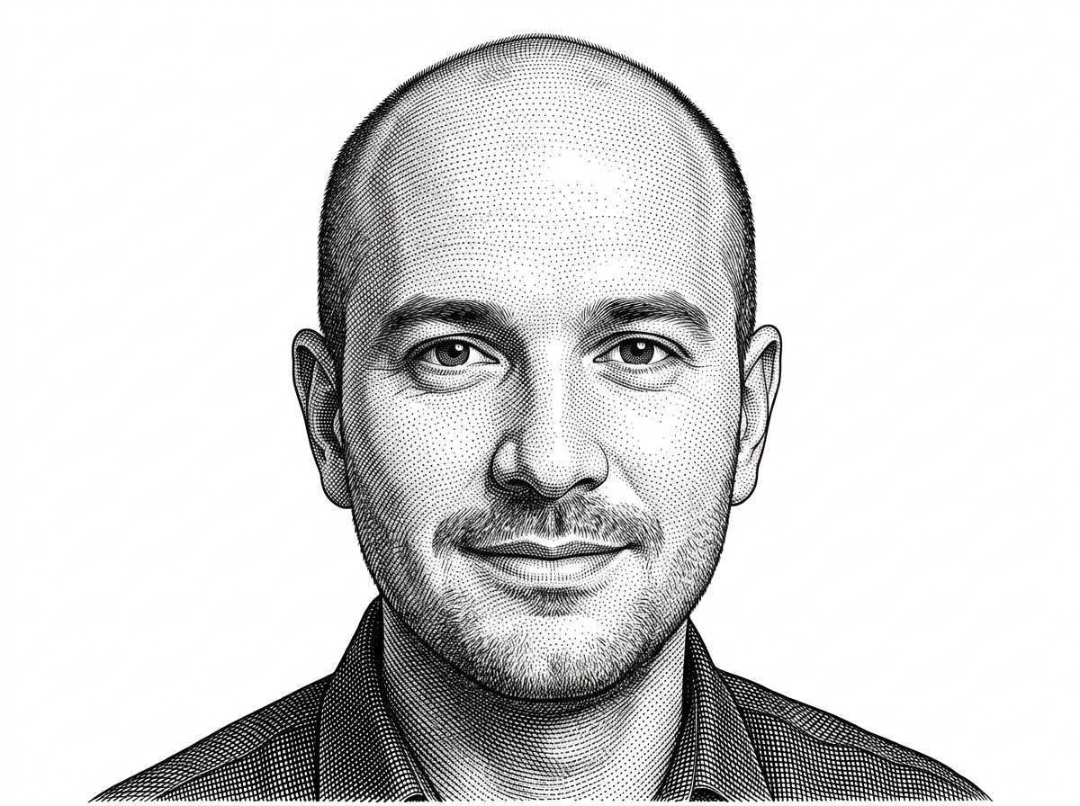 A WSJ-style hedcut portrait of Harshul Verma, rendered in black ink on a pure white background from his GitHub avatar. The portrait contextualizes the project as a solo-built platform, which helps explain why the frontend leans so hard on product signal and presentation.