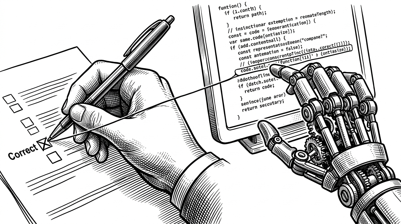 A close-up of two hands, one human and one mechanical, connecting a critical line of code to a correct checkbox via a taut thread.