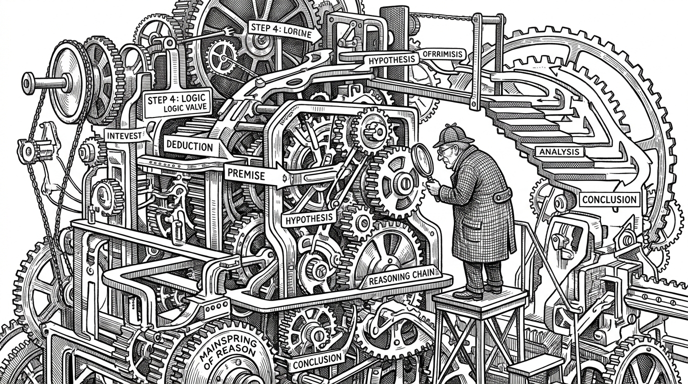 A wide shot of a giant complex clockwork mechanism representing a reasoning chain with a single glowing golden gear being examined by a scientist with a magnifying glass.