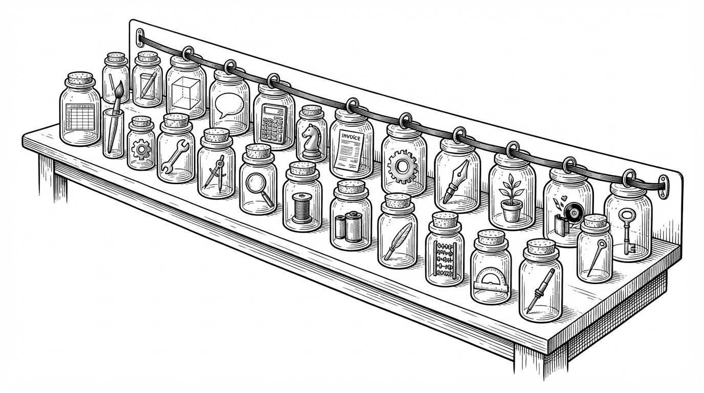 An editorial ink illustration of a long workbench holding dozens of sealed glass jars, each containing a single miniature tool: a spreadsheet grid, a paintbrush, a wireframe cube, a speech bubble, a calculator, a chess knight, an invoice. The jars are individually stoppered and clearly separate, and a single thin ribbon runs along the back of the bench, threading through a small loop on every jar's lid.