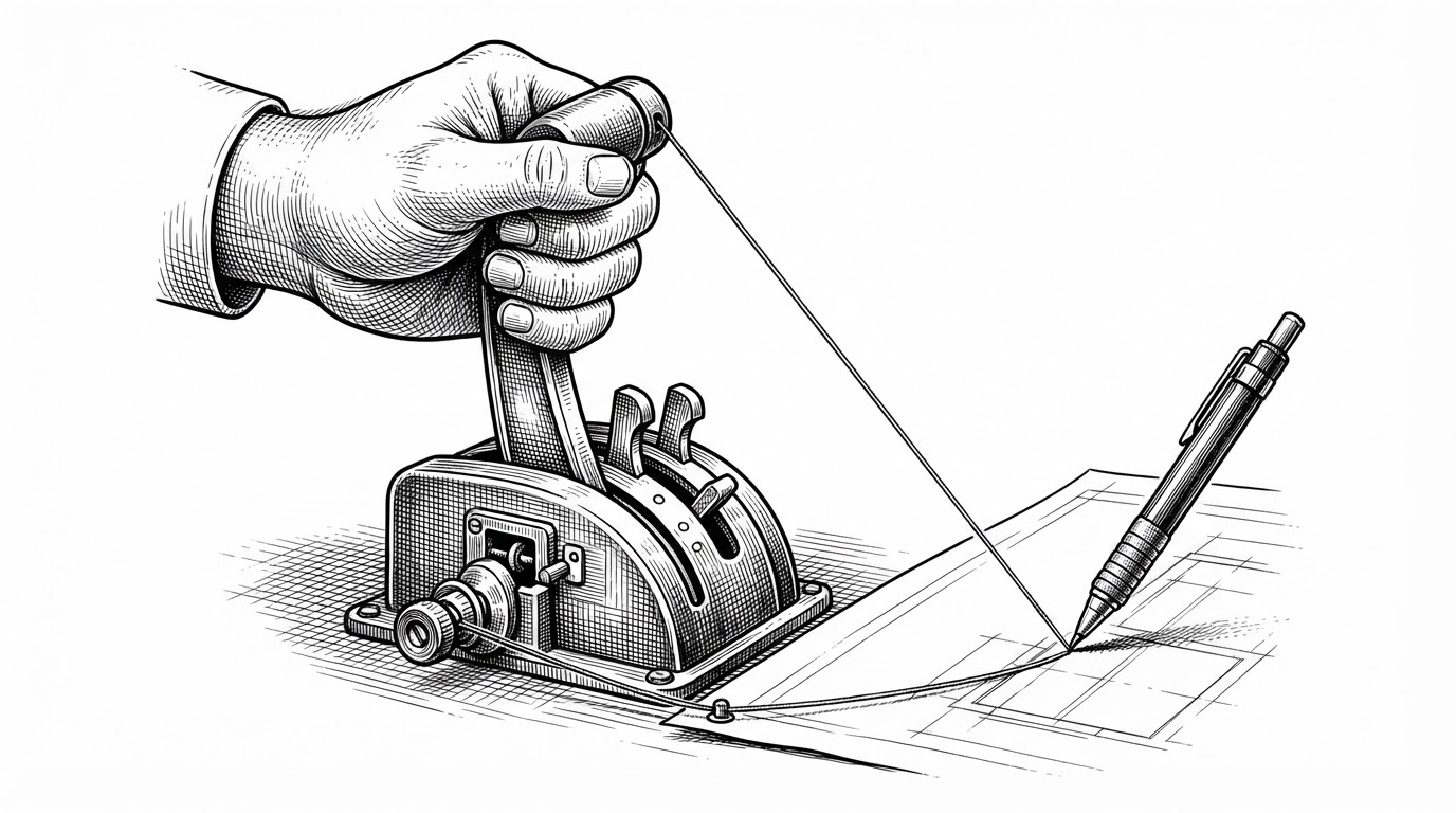 A close-up editorial ink illustration of a single operator mounted on a machine: a hand gripping a large lever pulled into a forward position. The lever's base has three labeled notches behind it, and a taut thread runs from the lever's tip to a pencil mid-stroke on a blueprint. At the base of the lever sits a small rewind crank connected by a second thread that trails back to the pencil's starting point.