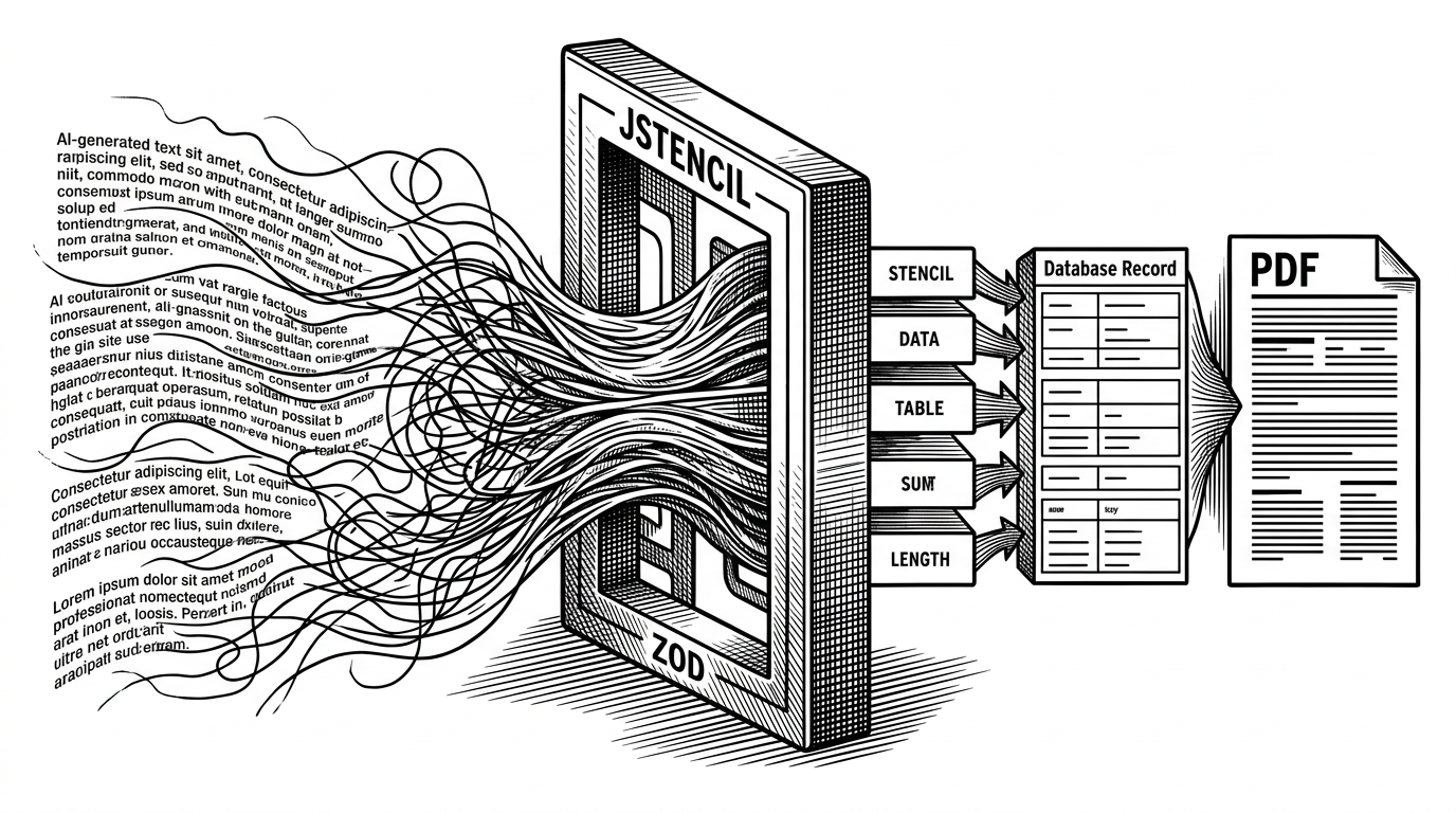 A close-up shows an unruly stream of text trying to pour out of an AI engine on the left, then passing through a rigid JSON stencil and Zod-shaped frame in the center, and finally emerging on the right as a database record and a printed PDF page. The scene explains how schema enforcement turns freeform model output into dependable product data.