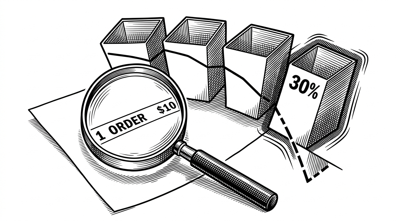 A close-up black-ink editorial illustration of an order row under a magnifying glass, splitting into discount bins with one branch dropping sharply below zero. It explains how the project detects the exact discount boundary where profit changes character.
