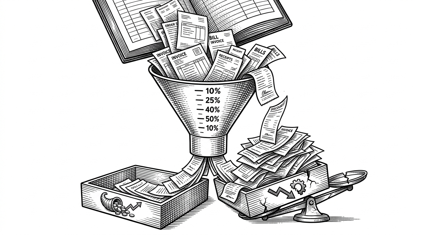 A wide black-ink editorial illustration of invoices and orders moving through a narrowing funnel, with discount marks shrinking toward the bottom and a scale tipping toward loss. It explains that this repository treats discounting as a profit leak, not just a sales tactic.