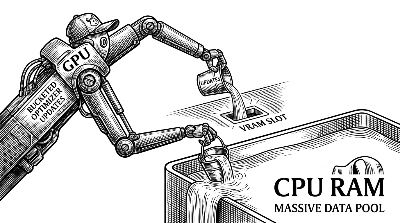 A mechanical arm holding a tiny bucket, dipping it into a massive reservoir and pouring it into a small slot, illustrating the bucketed optimizer updates.
