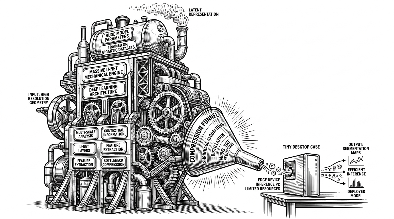 A massive, complex mechanical U-Net structure being compressed and funneled into a small, sleek desktop computer case, representing the compression of SDXL training requirements.