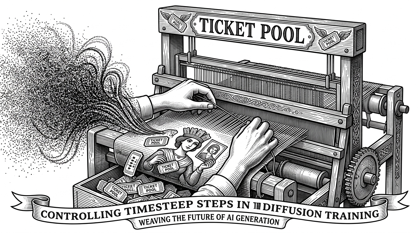 A close-up of a person's hands weaving threads of static noise into a clear image, representing the Ticket Pool timestep control.