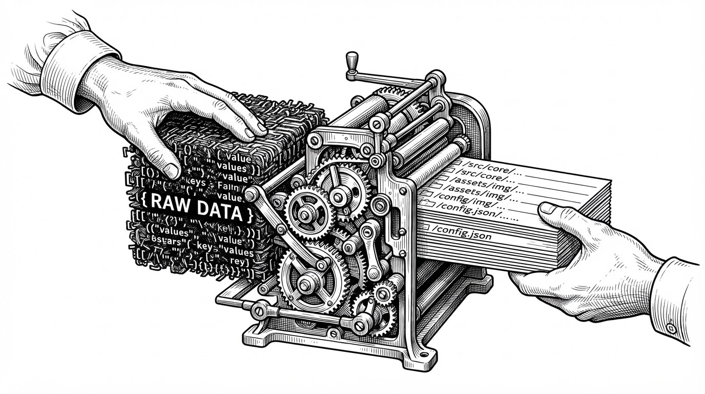 A close-up shows raw JSON on one side being pressed through a narrow formatter and emerging as neat labeled lines with file and folder markers. The scene explains how the server turns verbose API responses into compact, model-friendly text.