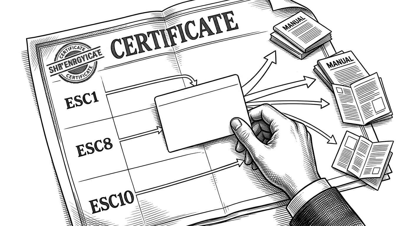 A stamped certificate sheet is split into labeled lanes, with ESC1, ESC8, and ESC10 marked as separate routes. An index card sits on top like a navigation key, with arrows leading from the page to deeper manuals. The image explains that the repository is a map of attack paths, not a tool that performs the attack itself.