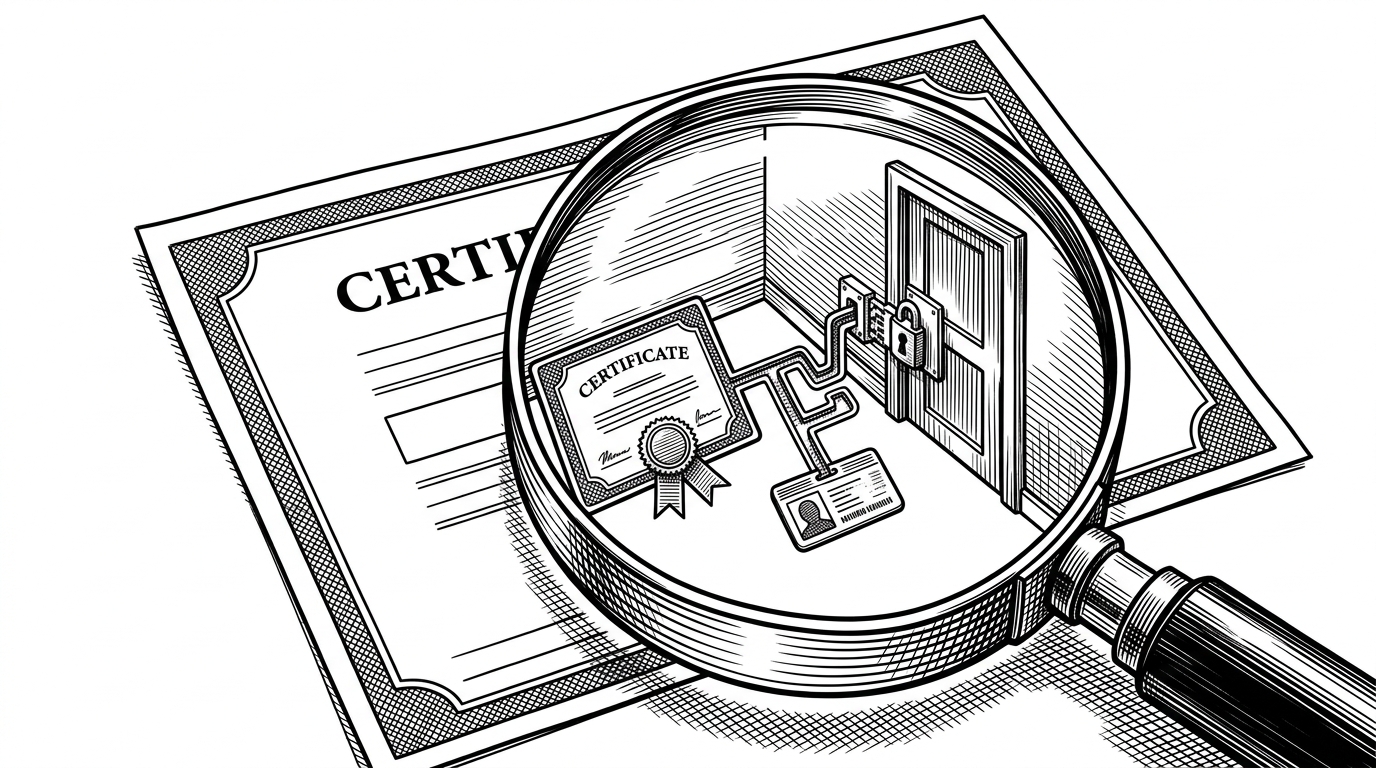 A close-up certificate template sheet shows one misconfiguration highlighted under a magnifying glass. The magnifier reveals a certificate badge and a locked door connected by a thin path, showing how a single setting can become a trusted identity route. The image explains the leap from one bad template choice to system-level access.