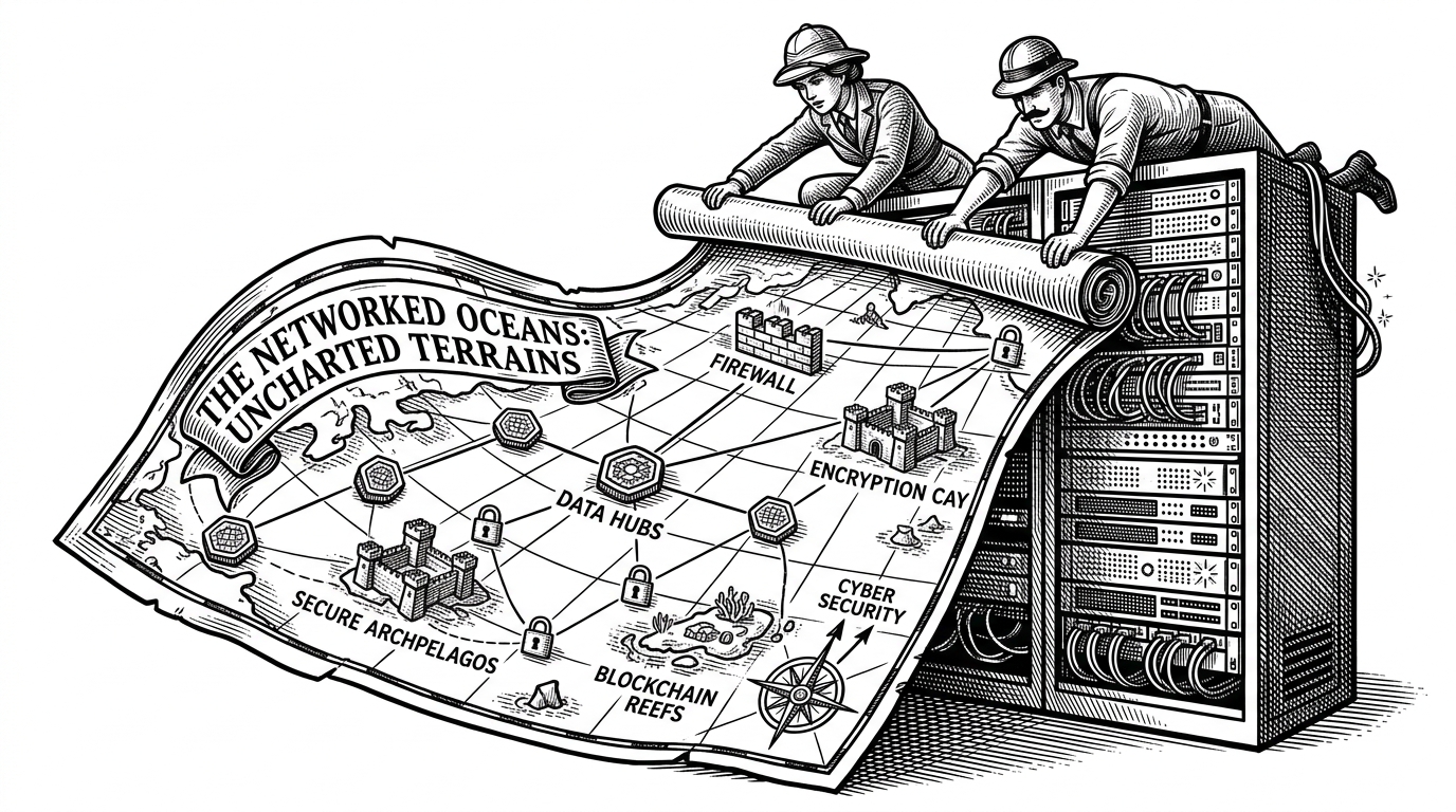 A massive nautical map being unrolled over a modern server rack, illustrating the mapping of digital infrastructure.