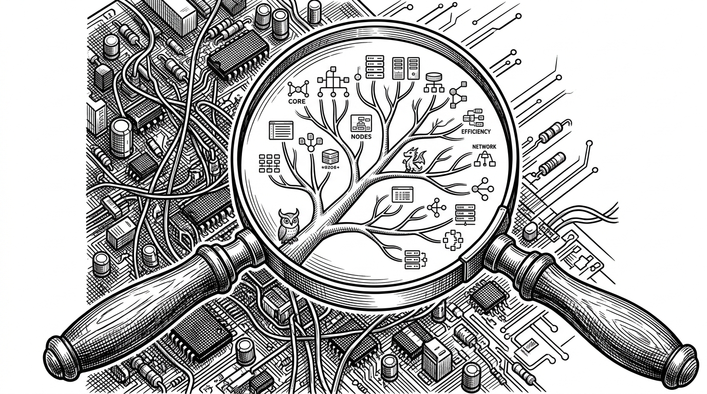 A close-up of a magnifying glass hovering over a dense circuit board, with the circuits transforming into a clean branching tree structure.