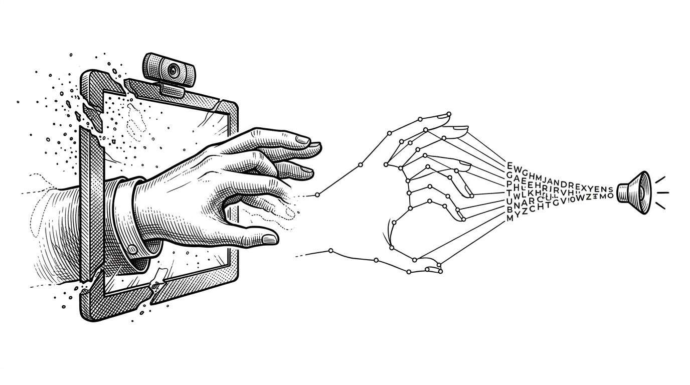 A hand landmark map passes through a narrow pipeline. On the left, a webcam frame breaks into points and joints. In the center, a simplified skeleton sits alone on white space. On the right, the result becomes a letter stream and then a speaker icon. The image explains how the system turns motion into a compact signal it can classify.