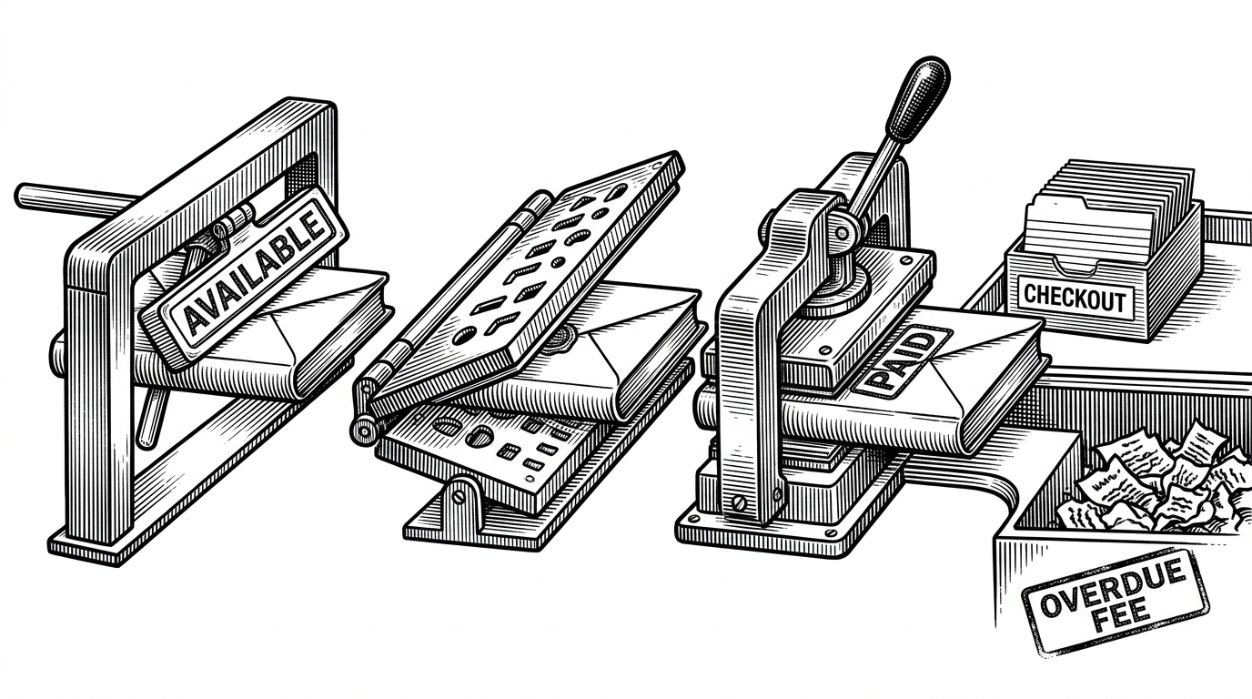 A sealed book envelope passes through three mechanical gates marked by the visual logic of availability, eligibility, and payment. One path ends in a checkout card, while the other ends in an overdue notice. It explains that the workflow is conditional and stateful.