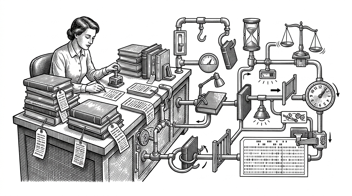 A librarian's desk is rendered like a control room, with books, stamped cards, and ledger pipes connecting states such as available, checked out, overdue, and paid. It explains that the project is really about managing transitions, not just showing a catalog.