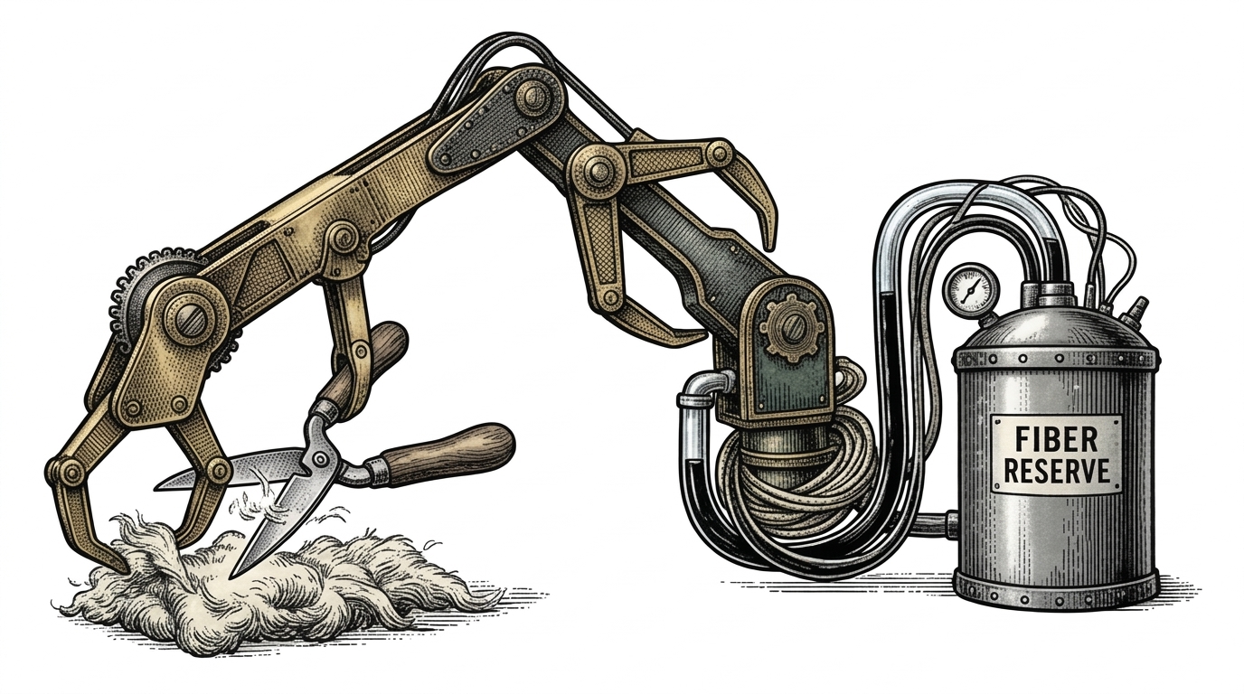 A mechanical multi-jointed brass claw gently holding shears over wool