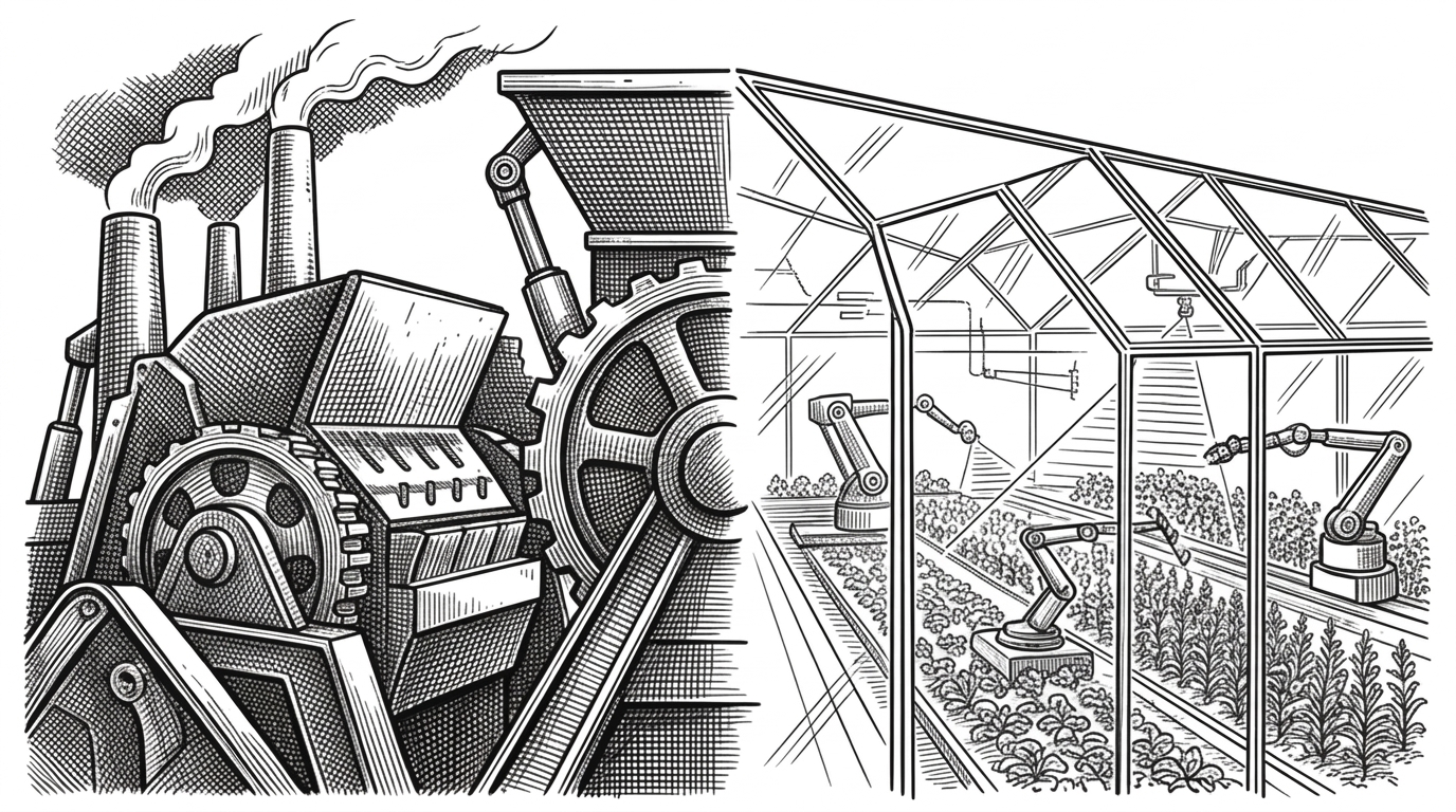 A split scene showing brutalist industrial crushers on the left and a clean robotic greenhouse on the right
