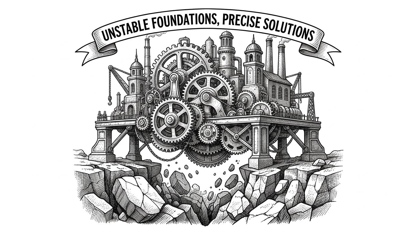 A massive clockwork factory suspended securely above a crumbling stone foundation