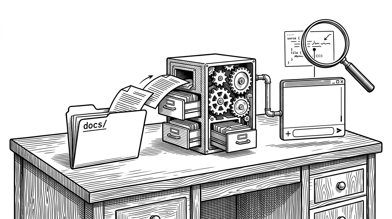 A folder of PDFs labeled docs/ feeds pages into a compact mechanical index cabinet, then selected chunks travel toward a chat window with a visible source snippet card beside it. The image explains that the app turns local documents into a searchable memory and keeps the evidence close at hand.