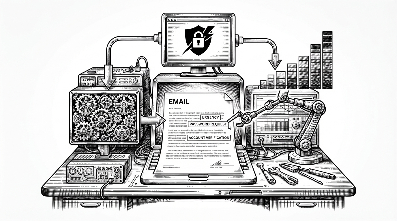 A cyber-terminal desk scene where one email splits into two paths. One path feeds a model box that extracts features and returns a classification, while the other path underlines suspicious phrases and assembles a visible threat meter. The image explains the repo’s core idea: phishing detection as two coordinated judgments, not one black-box answer.