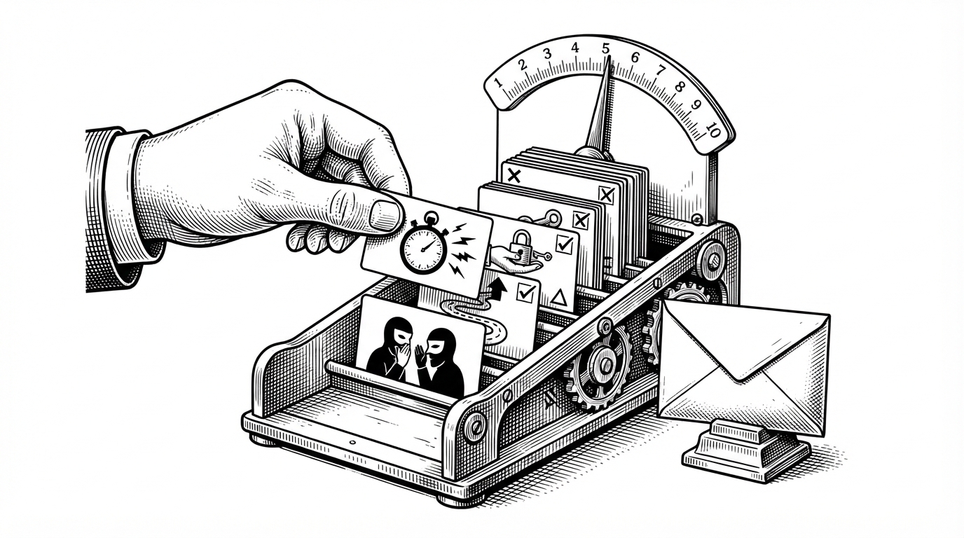 A close-up of a hand placing signal cards into a scoring tray. Each card represents urgency, credential requests, suspicious links, or social engineering cues. A sealed envelope labeled ML prediction sits beside them, showing that the final score is assembled from both rules and the model, not from the model alone.