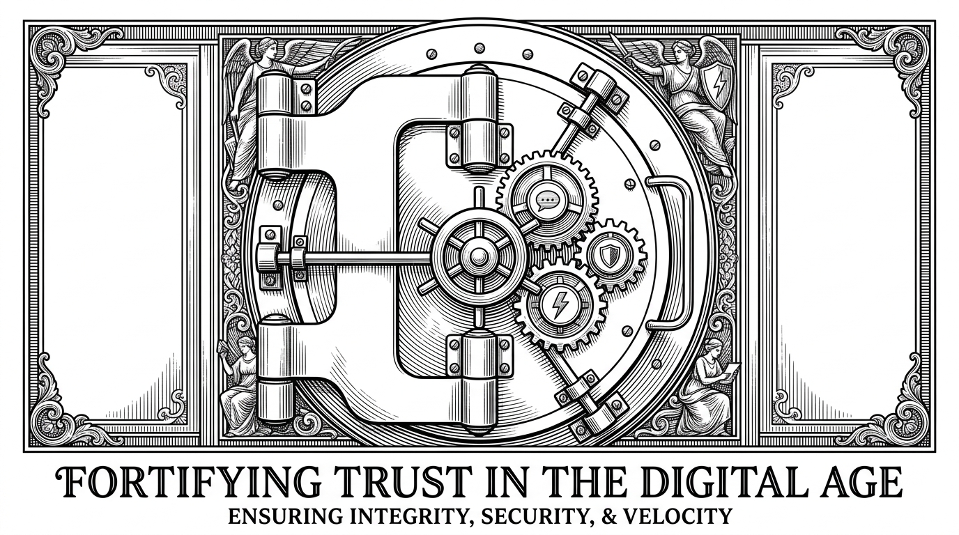 A massive bank vault door secured by three interlocking gears, representing the Trinity, Neo, and Morpheus agents.