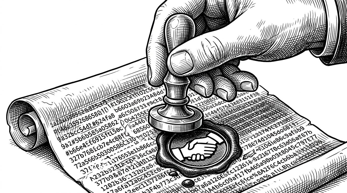 A close-up of a human hand pressing a clean wax seal onto a chaotic, infinitely scrolling parchment filled with illegible hexadecimal code.
