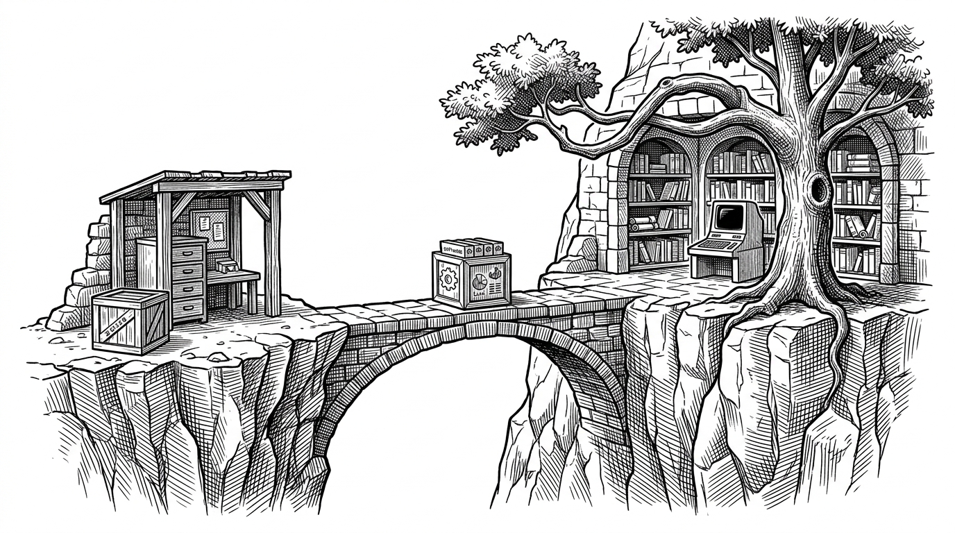 A narrow bridge carries a crate from a small console outpost into a larger archive hub. The image explains how a temporary repository branch can become part of a shared codebase instead of remaining a dead-end fork.