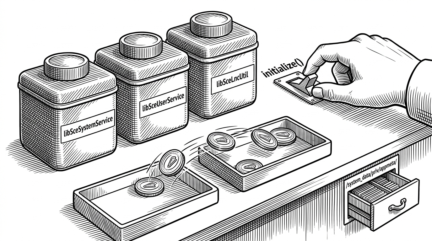 Three sealed .sprx modules sit on a white workbench while a switch labeled initialize() moves them from unloaded to ready. The scene explains that the wrapper must prime internal system libraries before it can perform app management tasks.