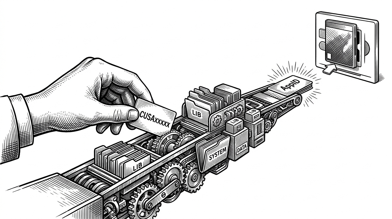 A hand passes a TitleID card through a mechanical bridge of folders, modules, and gears, and it emerges as a system handle on the far side. The image explains how the library turns a human-readable identifier into an action the PS4 can execute.