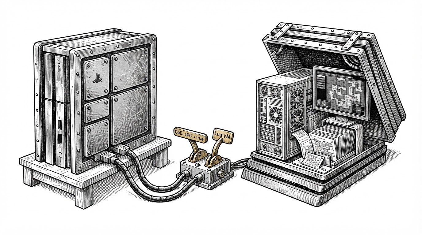 A split editorial scene shows a PS4 build on one side and a PC-style custom maps interface on the other, connected by a thin mechanical relay. The image explains the project’s core trick: the mod does not just convert assets, it makes the console game briefly accept PC-shaped behavior.