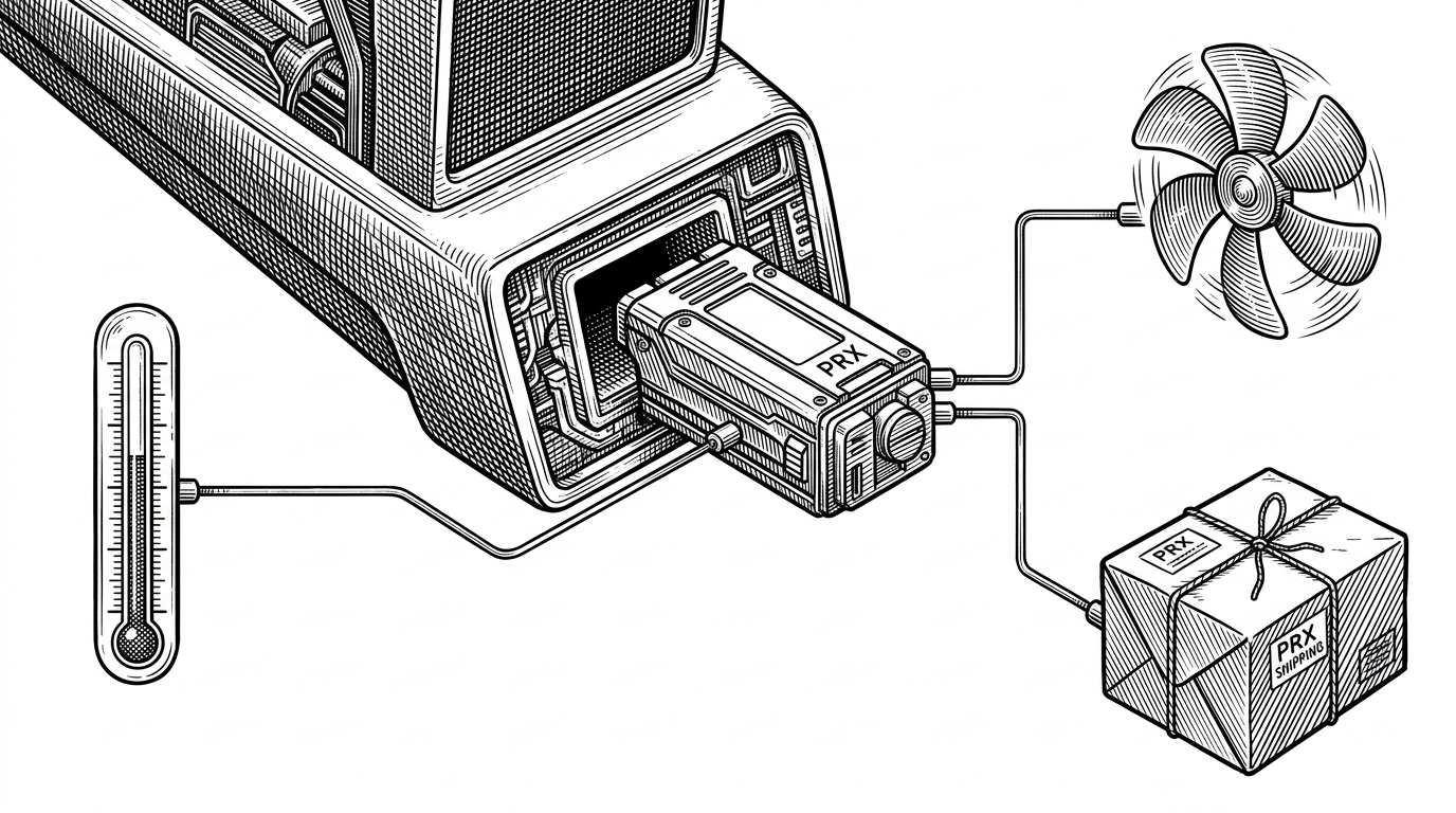 A close-up editorial scene shows a PRX module being slotted into a console-shaped chassis. From that single insertion, thin mechanical lines branch out to a thermometer, a fan blade, and a package box, explaining how one native bridge unlocks several system actions.
