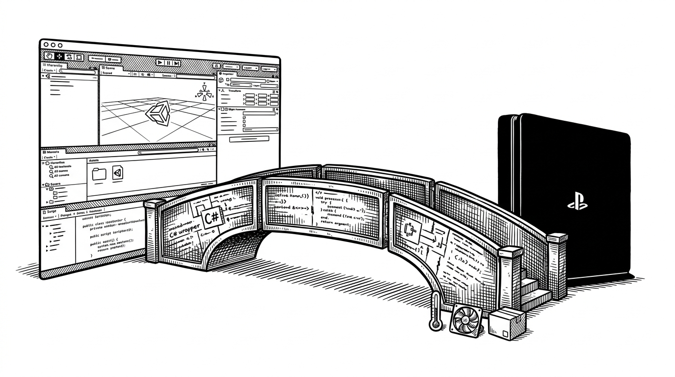 A wide editorial scene shows a bright Unity editor window on one side and a PlayStation console silhouette on the other, joined by a narrow bridge made of code. The image explains that the project turns a high-level Unity workflow into a route to native console control.