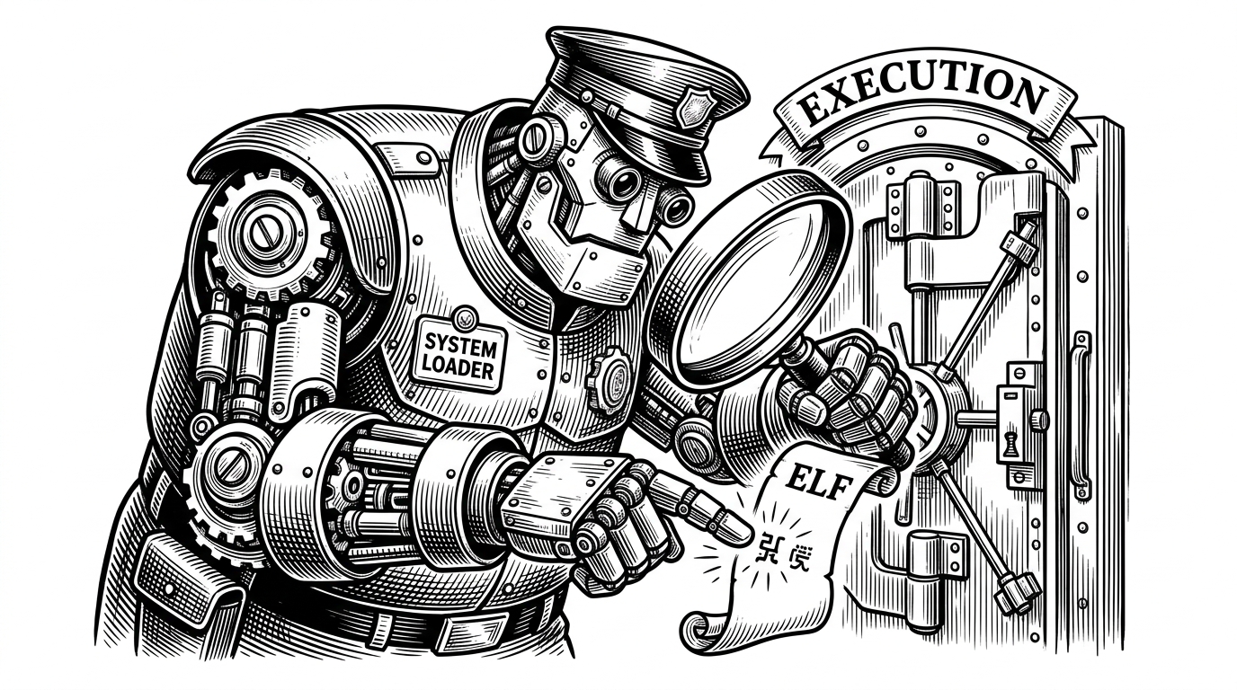 A large mechanical bouncer inspecting a single character on a small scroll with a magnifying glass.
