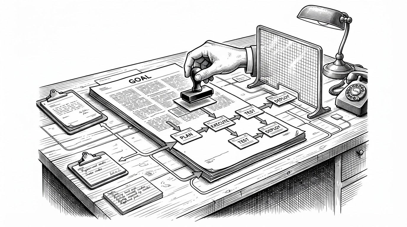 A goal document on a desk transforms into a branching network of task cards, with one branch paused behind an approval gate while others continue moving. A human hand hovers near a stamp that signals approval, making the run feel like a controlled command center rather than a fantasy machine. This visual explains how OMA turns a goal into a runtime DAG and inserts human review when needed.