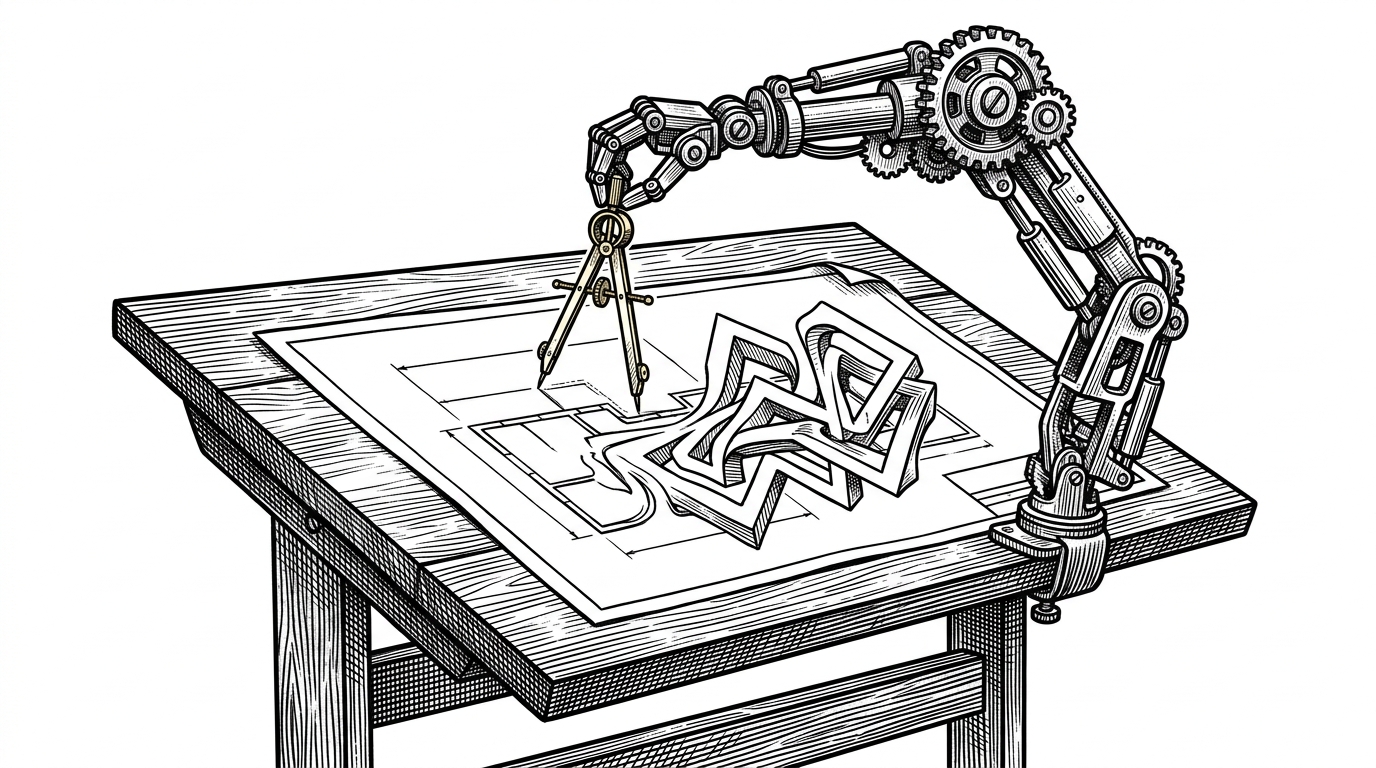 A mechanical robot arm attempting to draw a precise blueprint on a drafting table, but the ink lines warp into impossible geometric shapes like an optical illusion. This represents the spatial hallucinations LLMs suffer when asked to calculate raw CAD coordinates.
