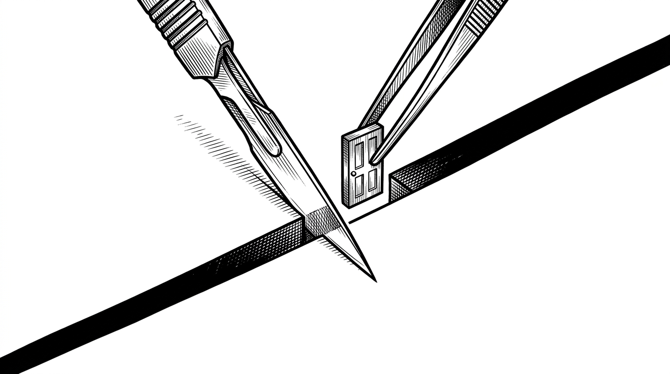 A close-up top-down view of a thick black line being surgically sliced by a scalpel, while tweezers lower a tiny wooden door block into the gap. This illustrates the complex programmatic logic required to insert a door into an existing wall object.