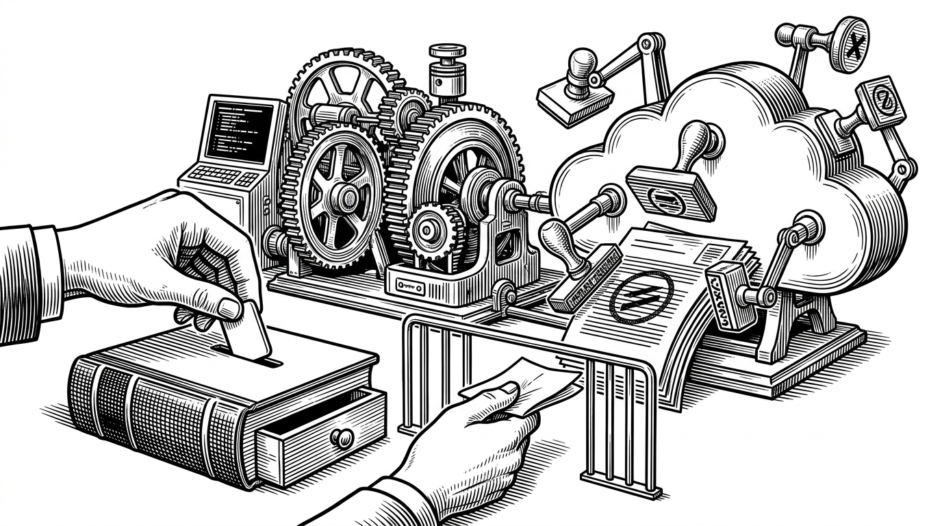 A close-up editorial illustration of a hand placing a tiny token labeled free_usage into an identity ledger box while another hand sends a request through a narrow gate toward a database and a model engine. In the background, a cloud machine stamps image files with removal and transformation seals. It explains how usage policy and compute live in different vendors.