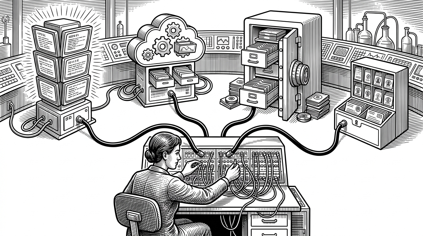A wide editorial illustration of a switchboard operator routing cords between four distinct machines: a model terminal, an image processor, a database vault, and an identity ledger. It explains that the product's real power is orchestration, not a single all-powerful model.