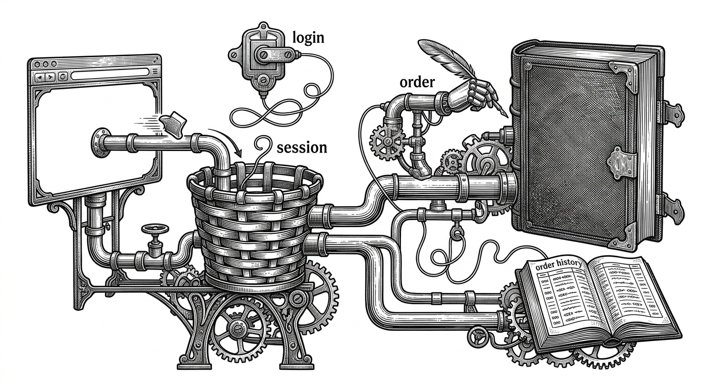 A close-up plumbing diagram shows two browser actions diverging. One path drops an item into a server-side session basket, while another path writes an order into a database ledger. A thin line connects login to session to order history. The image explains the split between ephemeral cart state and durable order data.