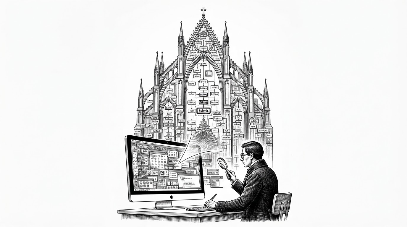 A wide editorial scene of a Windows desktop rendered as a machine-readable structure. An accessibility tree rises from the screen like an architectural blueprint, and a highlighted button sits inside the tree rather than on the pixels below it. The image explains that the agent interrogates Windows through structure first, not screenshots.